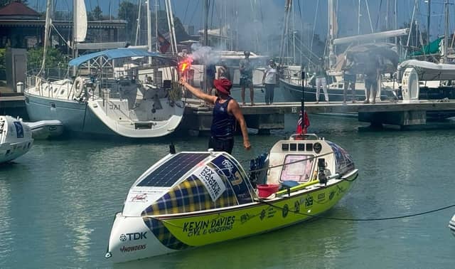 Gary Hutchings arrives in Antigua's harbour after rowing for 53 days across the Atlantic.
