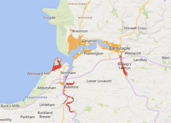 The map with flood alerts. Orange indicates a Flood alert - Prepare. Red indicates Flood warning - Act. (Image: GOV.UK)