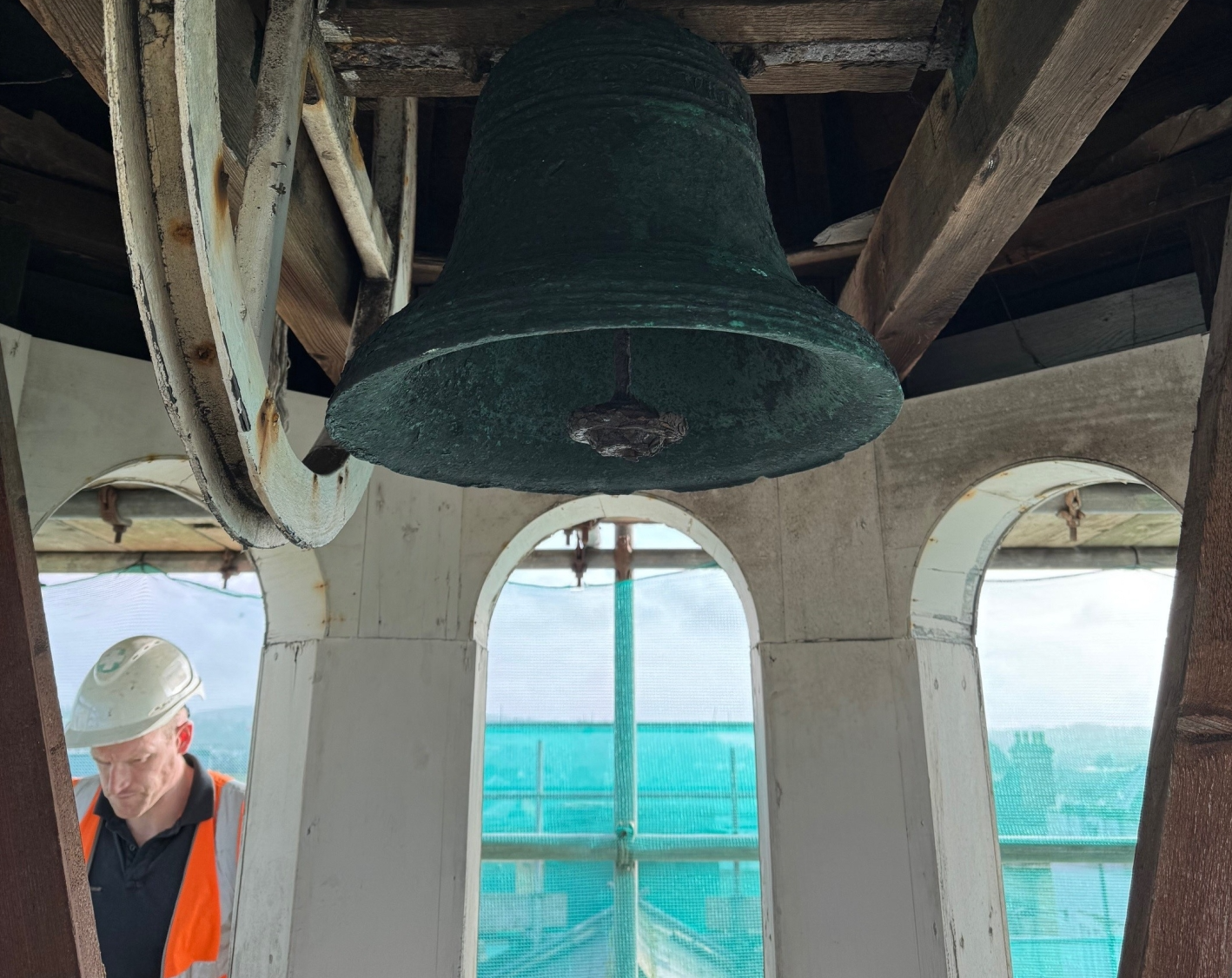 The rediscovered bell in ‘the cupula’ at Barnstaple Guildhall – thought to date from the early 18th century. Credit: BTC