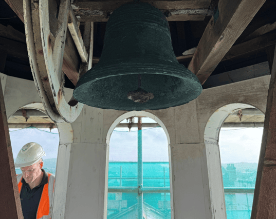 The rediscovered bell in ‘the cupula’ at Barnstaple Guildhall – thought to date from the early 18th century. Credit: BTC