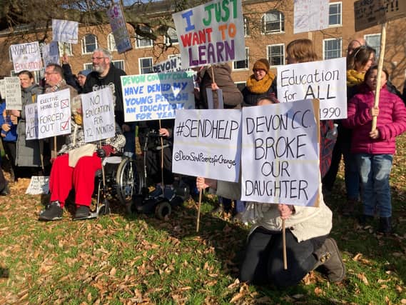 SEND protest at County Hall, Exeter - Credit: Ewan Murrie/BBC