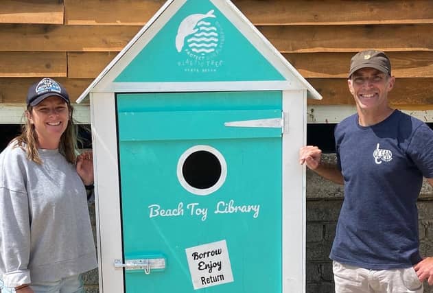 Plastic Free North Devon unveil their latest toy library at Saunton Beach