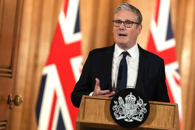 Prime Minister Sir Keir Starmer speaking at a press conference in Downing Street, London, announcing government action to protect children online.