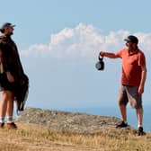 During a daytime rehearsal at Valley of Rocks, ‘The Visitor’ played by Ben Fensome, meets The Signalman, played by Gerald Dickens, great great grandson of Charles Dickens.