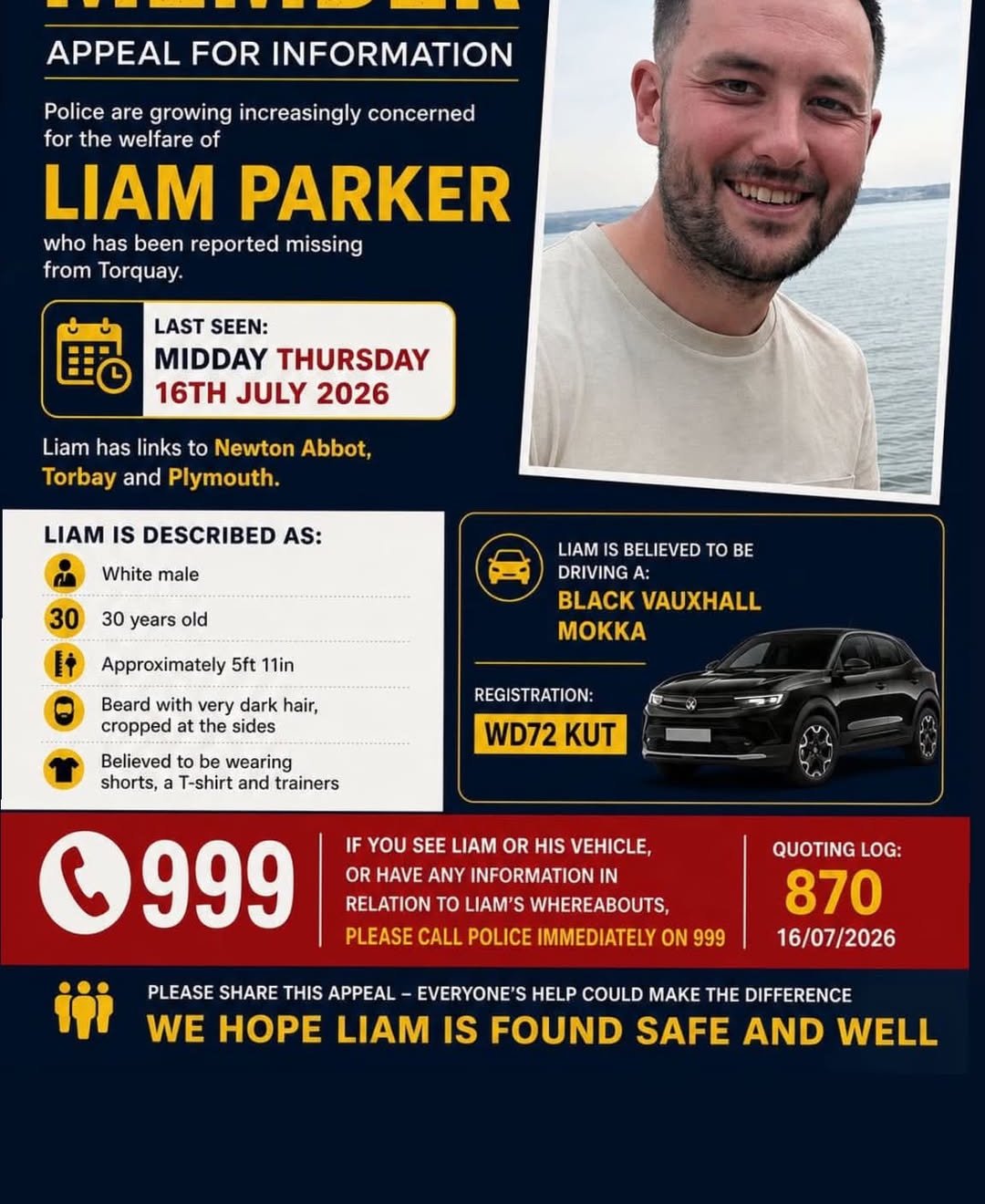 Police appeal to help find missing Torquay man