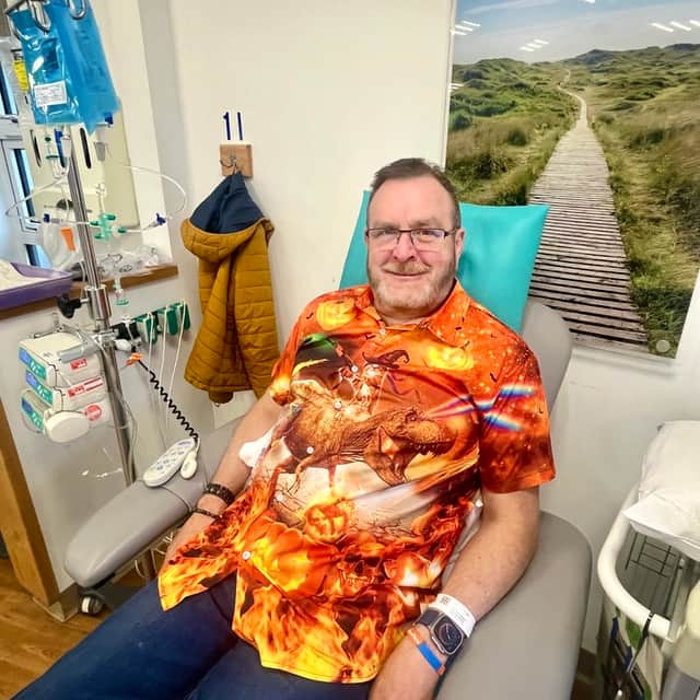 Justin Beckley, receiving chemotherapy at the Seamoor Unit, says his song is a defiant response to cancer and he hopes it will help others. Credit: Justin Beckley