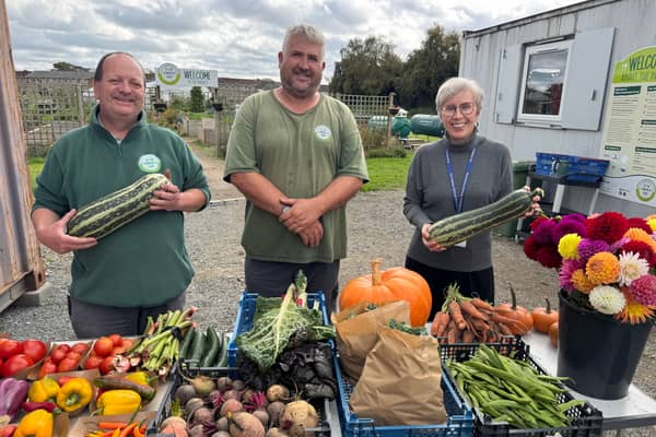 With some of the produce for sale to the public at the Pilton Community Farm gate are Lee Smith, Mark King and Michaela Masterson. 