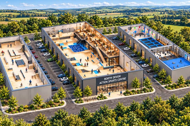 An AI-generated concept illustration of the exterior of the proposed North Devon Action Sports Centre. It shows an early vision only and does not represent a selected site, final design or planning proposal