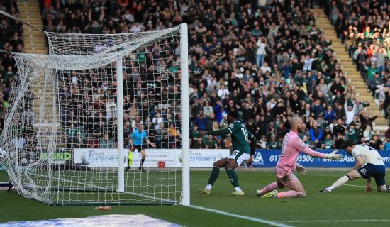 Owen Oseni scores for Plymouth Argyle. Pic from PPAUK