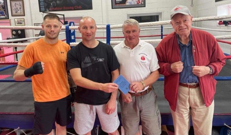 Billy Stanbury (professional boxer), Richard Grigg (Trainer/Manager) being handed his license by Dick Kersey MBE (Trainer), Dick Brownson (former manager)