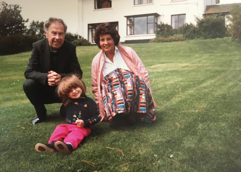 Rev. Bernard Tinsley and Eileen Tinsley with their granddaughter Rowenna at Newton Tracey Rectory in 1988