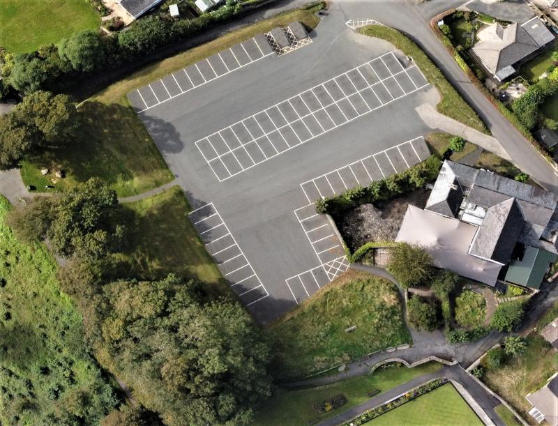 Aerial view of the castle mound and inner bailey in Torrington