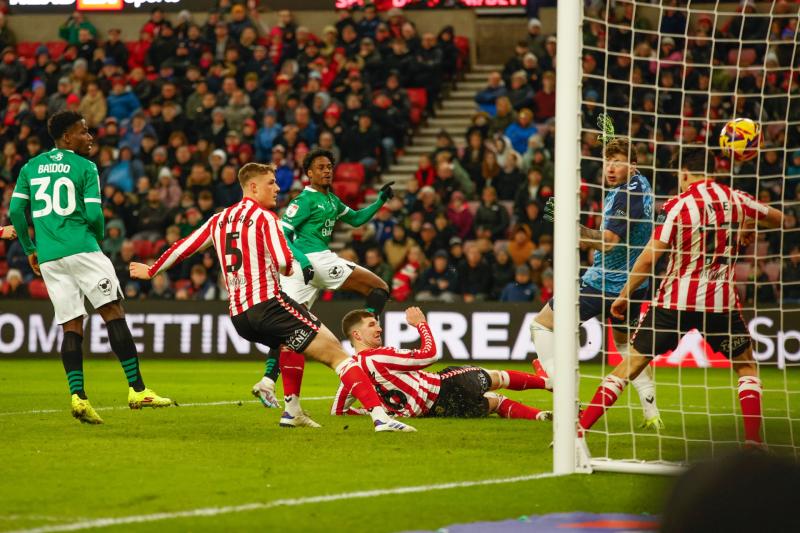 Nathaneal Ogbeta equaliser for Argyle. Pic from PPAUK