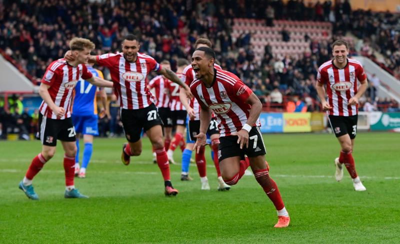Exeter celebrate win over Shrewsbury. Pic from PPAUK