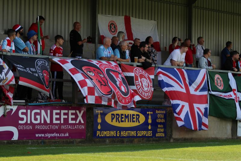Barnstaple Town fans at Paulton Rovers. Pic from Nathan Bennett