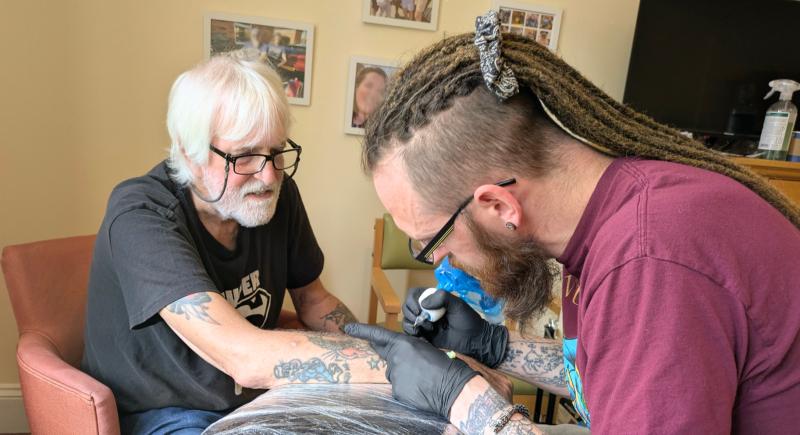 Alan gets some new tattoos at Kenwith Castle care home from tattoo artist, Ragnar 1