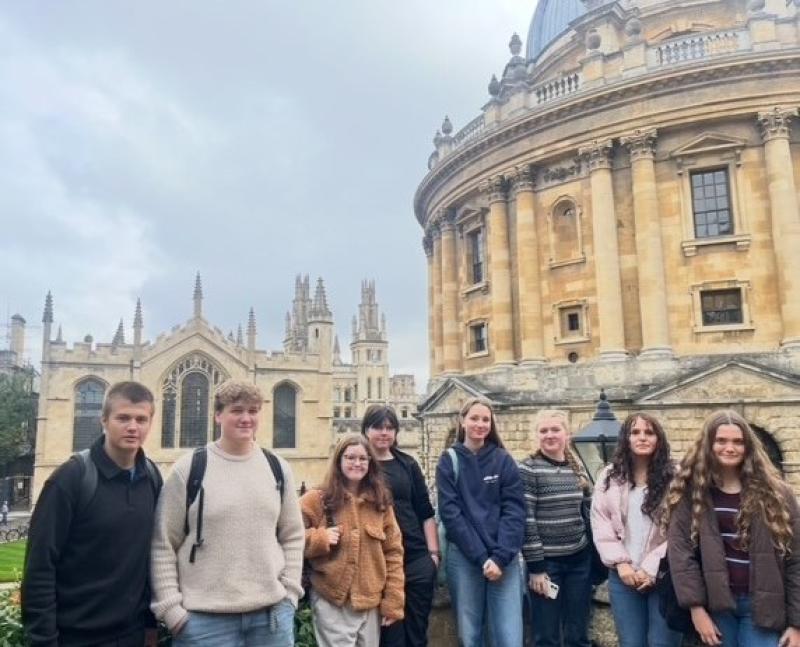 Students outside the iconic Radcliffe Camera during their tour of Oxford