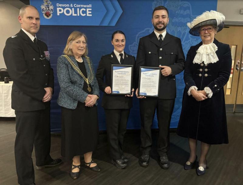 PCs Laura Toms and Ben Wilson with (left to right) Chief Supt Matt Longman, Plymouth Lord Mayor Cllr Kathy Watkin and High Sheriff of Devon Caroline Harlow Image: D&C Police