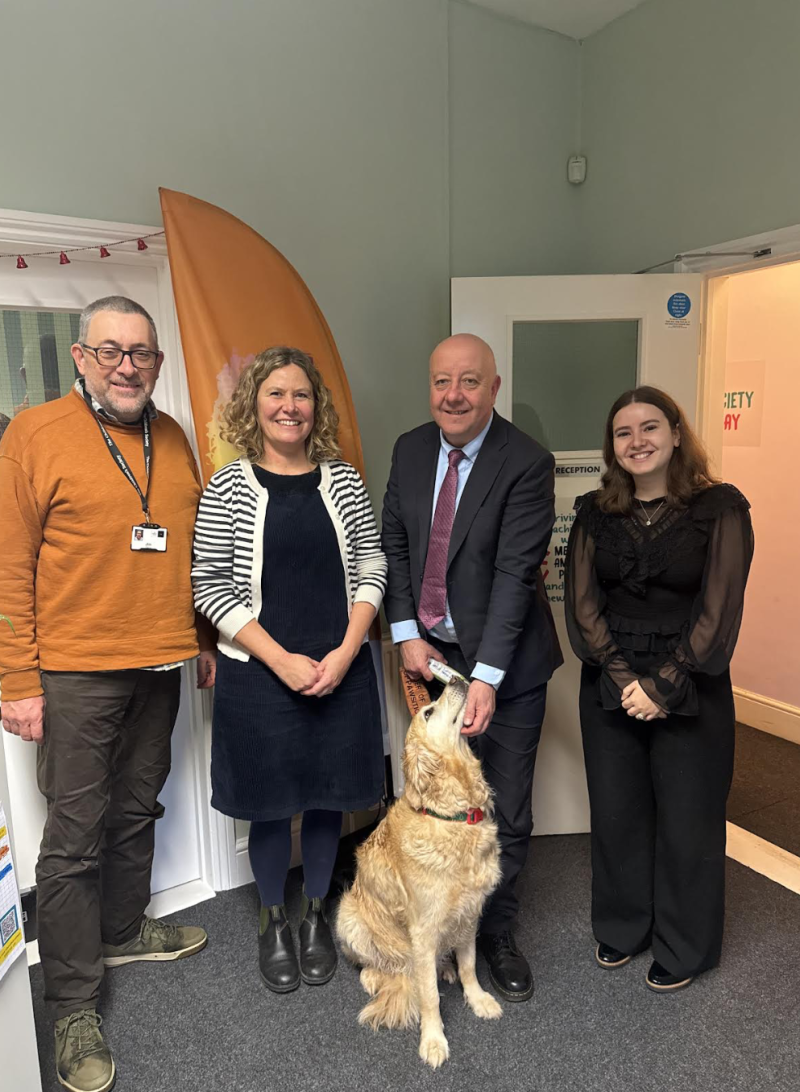 From left: Jim Davis; Natalie Ash; Steve Darling and his guide dog Jennie; and Kate Roberts Fox