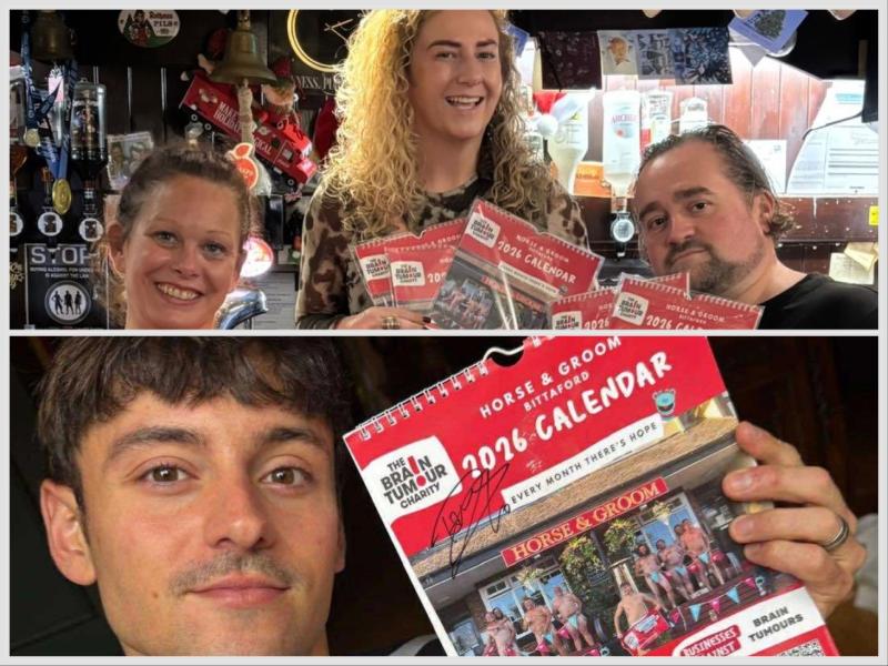 Pub Landlord Dawn and customers/models Louise and Paul (top) and Olympian Tom Daley with his calendar (bottom) Images- Dawn Michelin