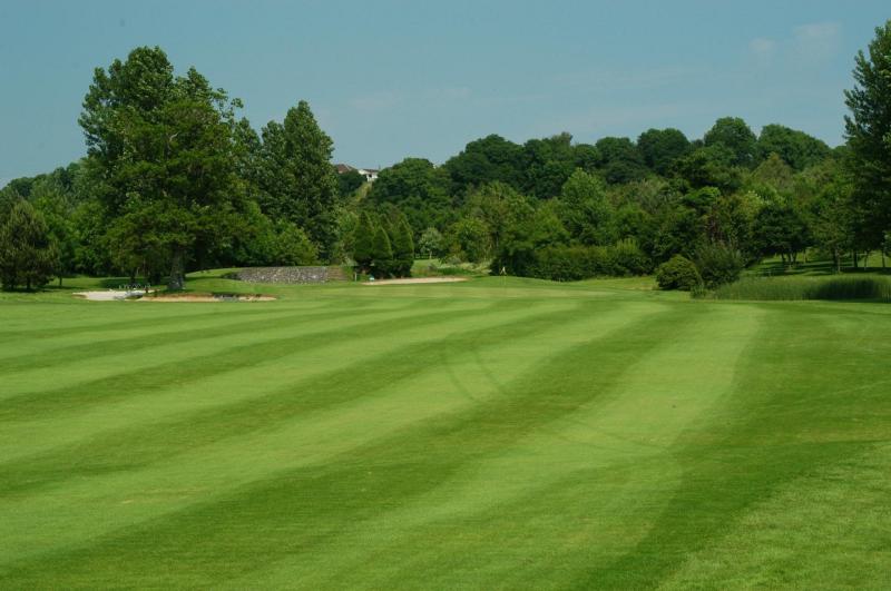 Approach to the 2nd green guarded by water on the right