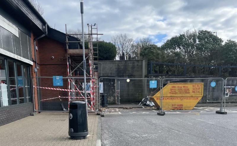 Scaffolding and safety fencing in place outside the Co-op, as repair work gets under way following the ram-raid (Image- Ella Sampson)