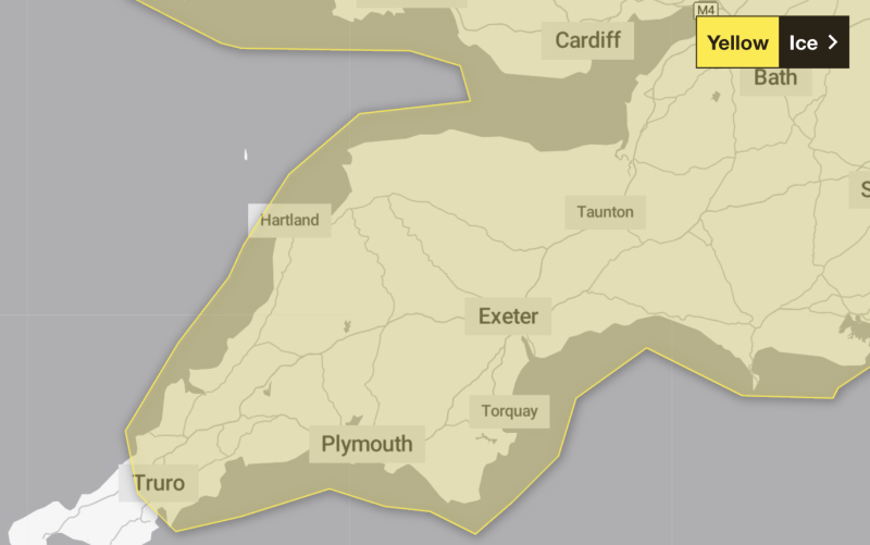 Forecasters say rain and sleet clearing south could leave icy surfaces across Devon (Image- The Met Office)