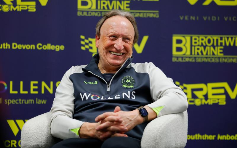 Neil Warnock facing the press at Plainmoor. Pic from PPAUK