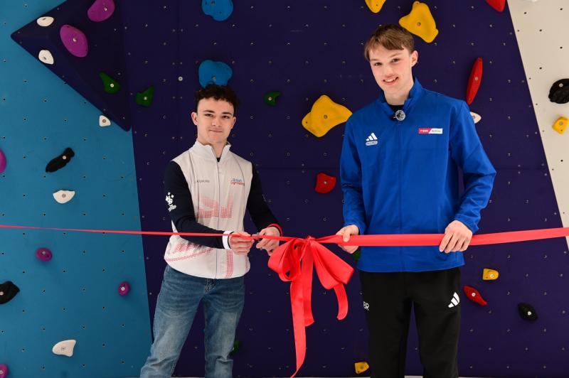 Left Great Britain tumbler Alfie Collier and GB climber Fin Kerswell who are both former TBGS pupils and the wall's official ribbon cutting ceremony Pictures miraclePR.com