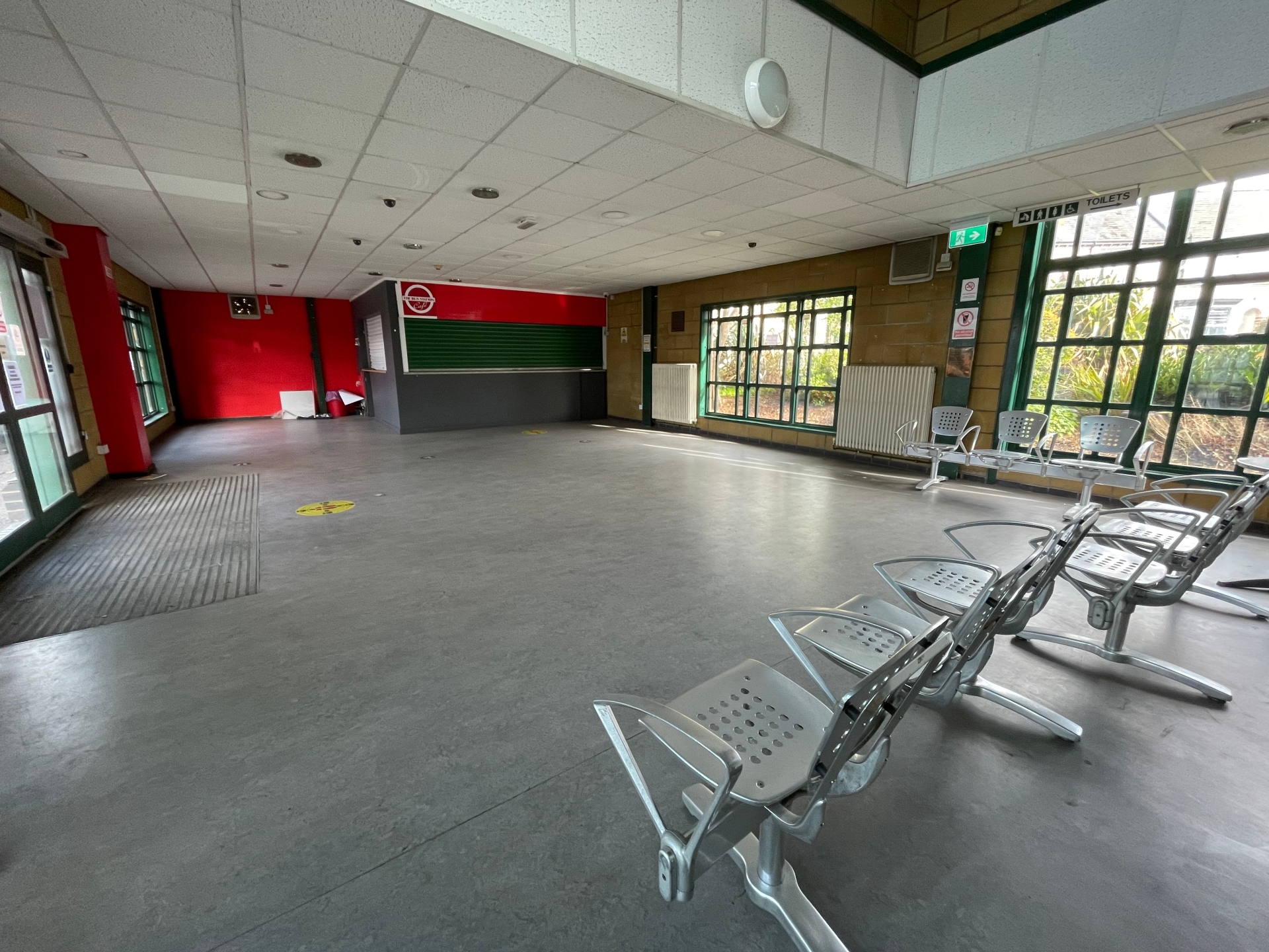 The waiting area and café on the ground floor of Barnstaple Bus Station.