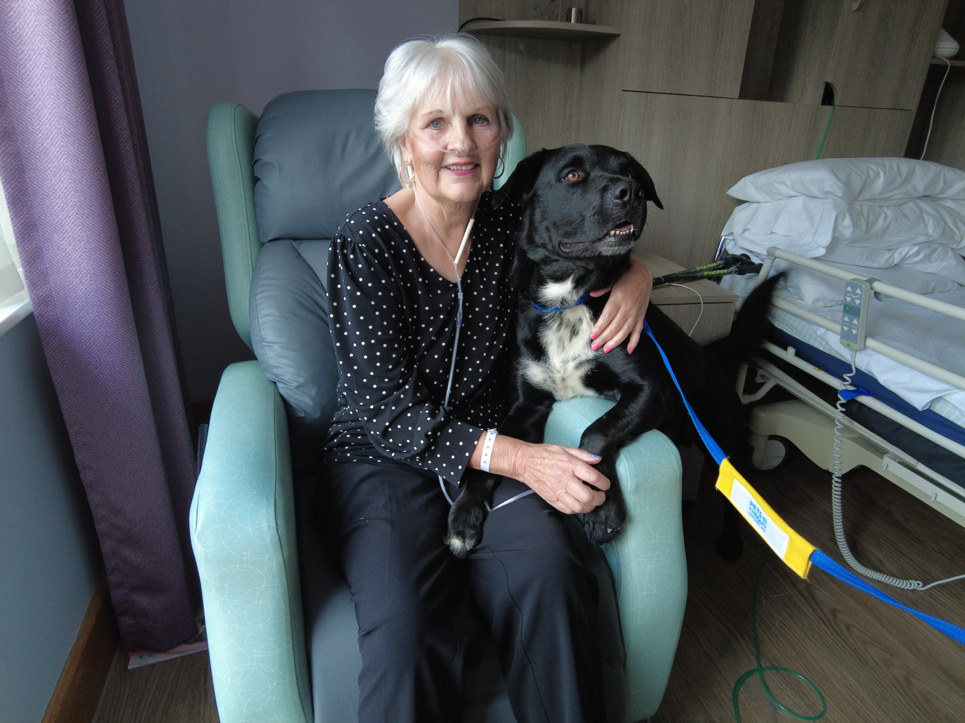 Angela Dennis with at North Devon Hospice with Pets as Therapy dog Obie. Credit: North Devon Hospice
