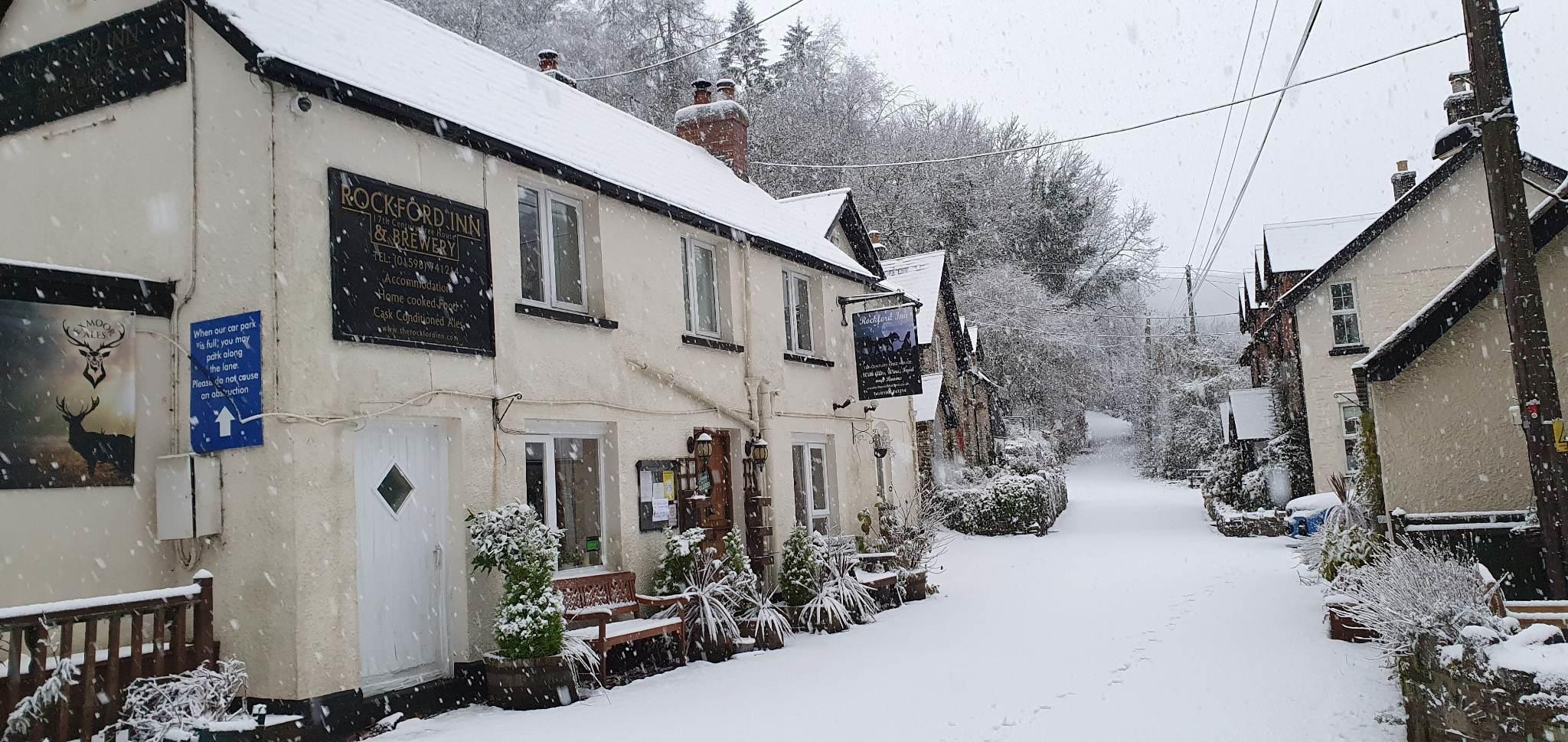 Heavy snow fell around the Rockford Inn at Lynton. Credit: Susie Grout