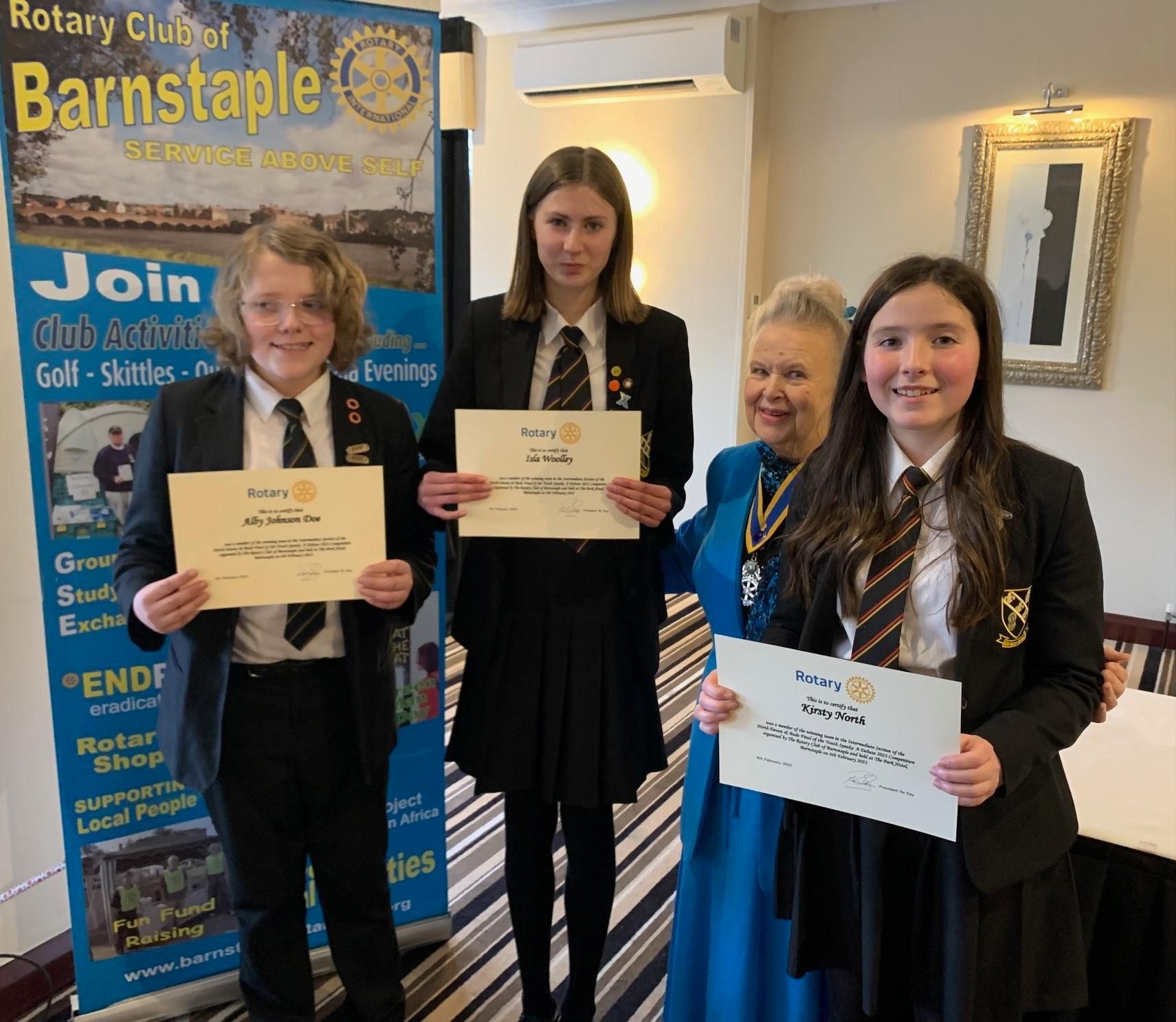 The Chulmleigh College intermediate Youth Speaks team of Alby Johnson Doe, Isla Woolley and Kirsty North.