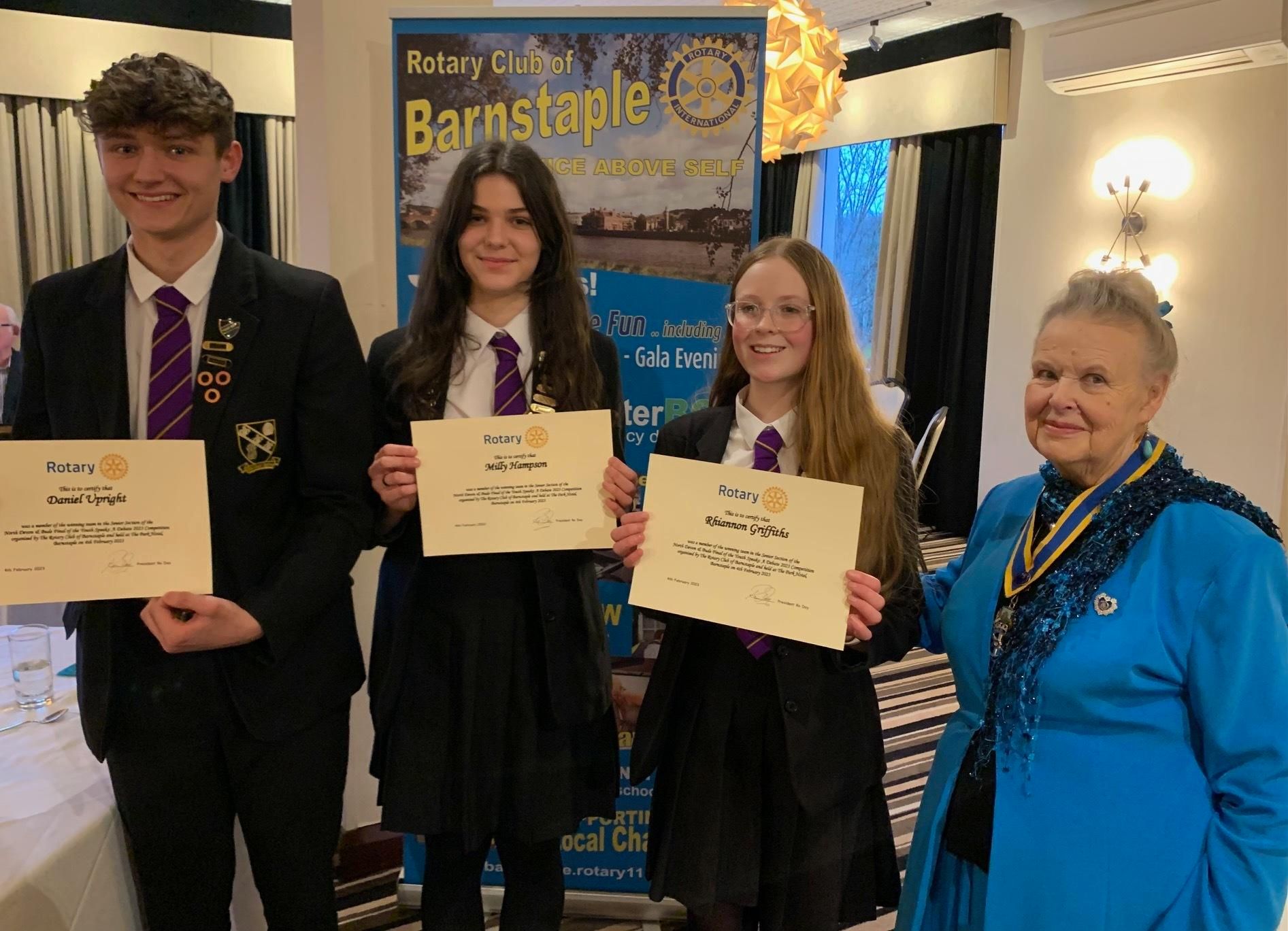 The Chulmleigh College Youth Speaks senior team of Daniel Upright, Milly Hampson and Rhiannon Griffiths with Rotarian Ro Day.