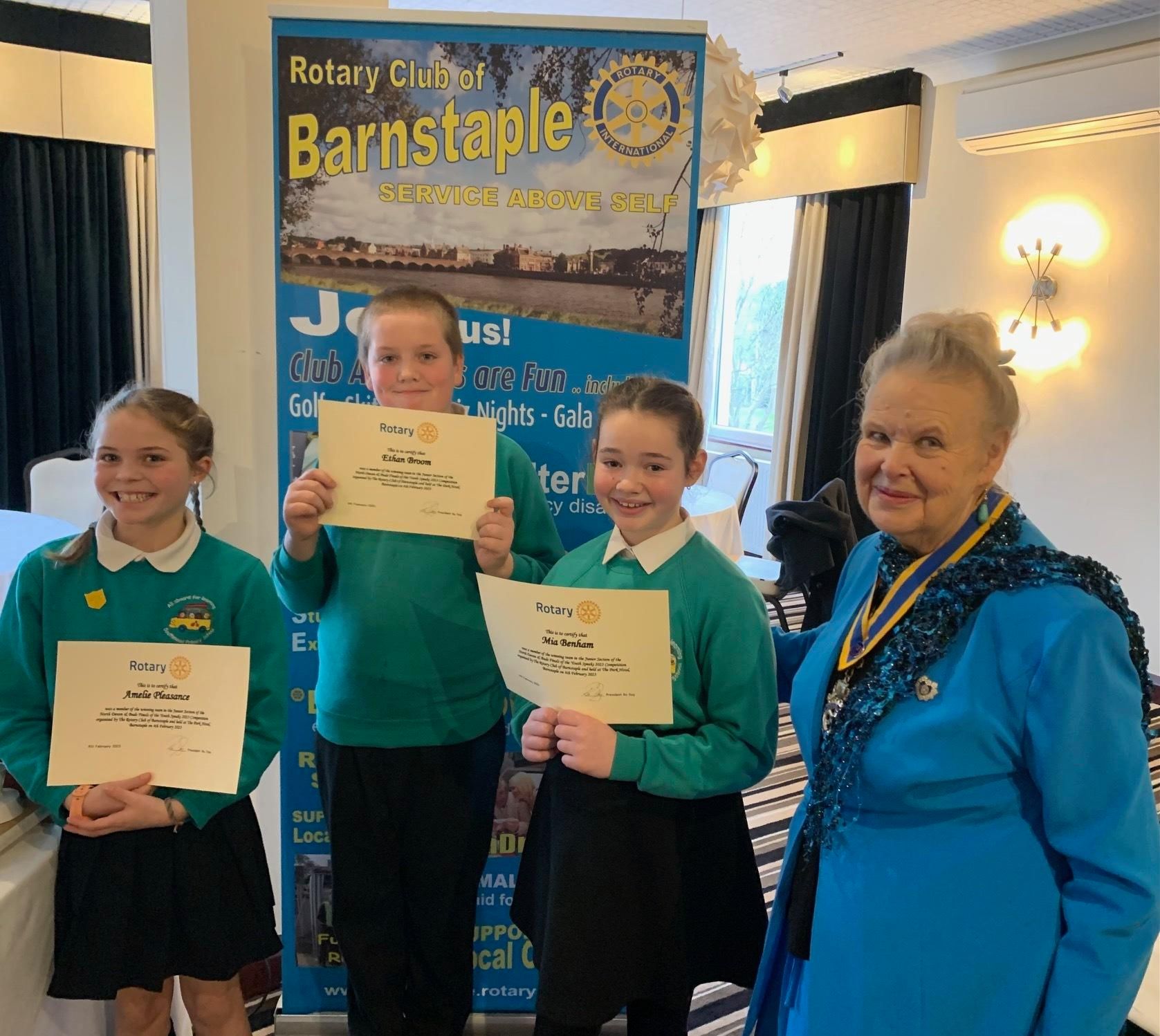 The Southmead School Youth Speaks team of Amelie Pleasance, Ethan Broom and Mia Benham with Rotarian Ro Day.