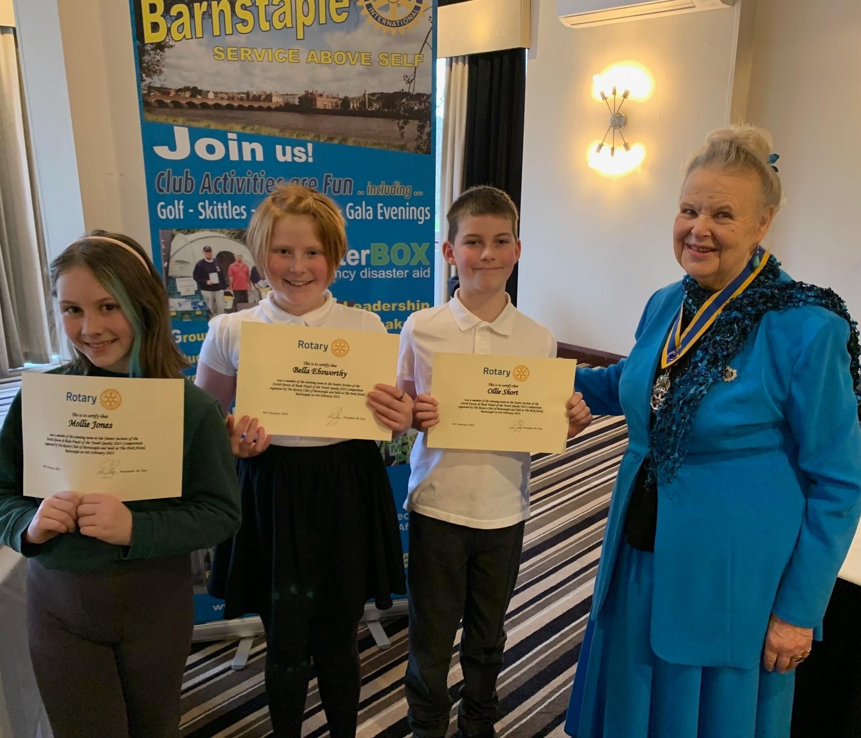 The West Croft School Youth Speaks team of Molly Jones, Bella Ebsworthy and Ollie Short with Rotarian Ro Day.