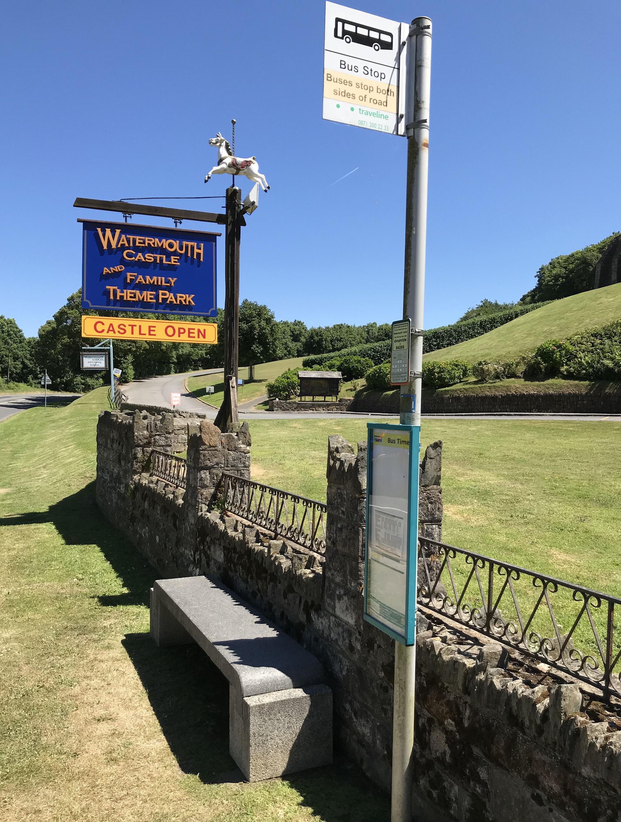 Watermouth Castle, Family Theme park sign, and bus stop - Credit: Alamy