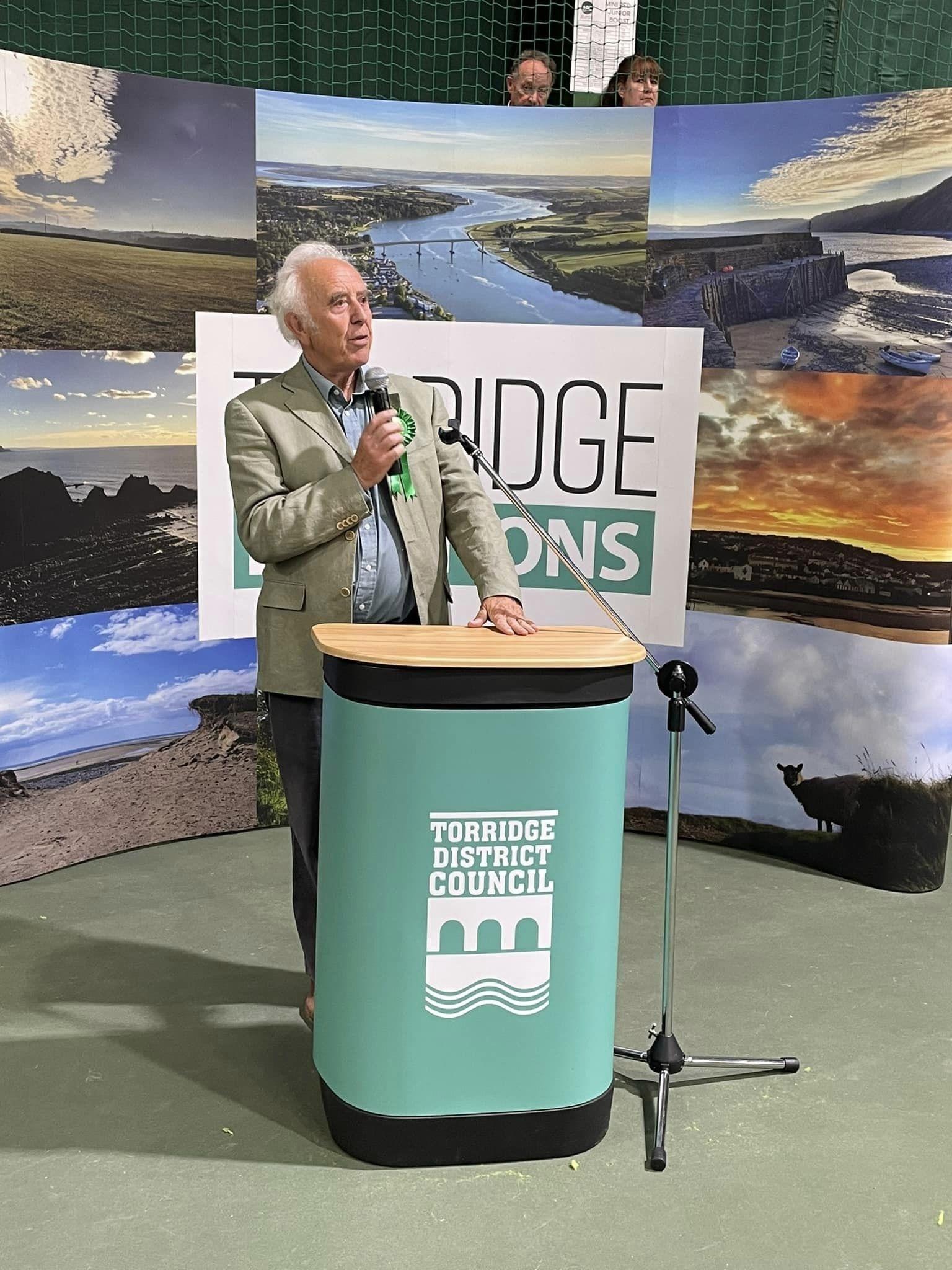 Bideford north Green Party Councillor Peter Christie speaking after being re-elected. Credit: TDC