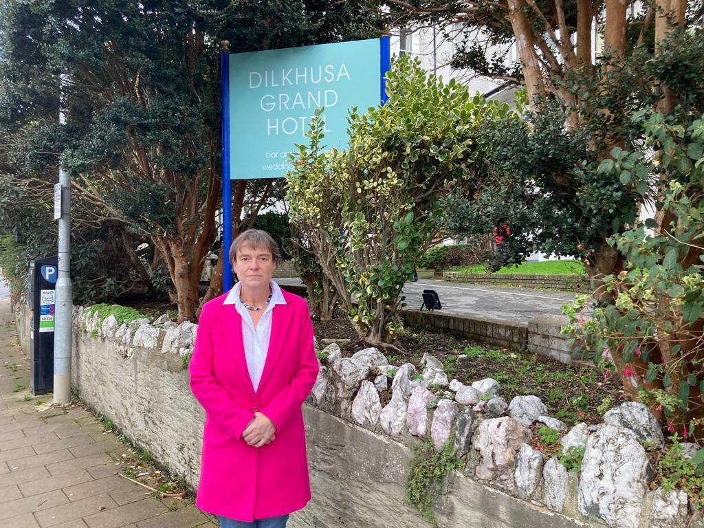 North Devon MP Selaine Saxby outside the DIlkhusa Grand Hotel in Ilfracombe which has been used to house asylum seekers - Credit: David Hoare